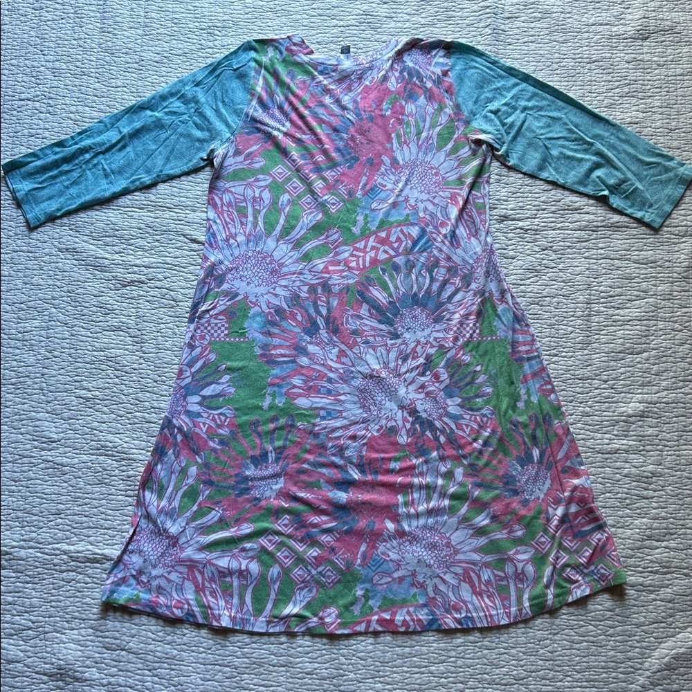Funky Fractal Floral Mini Dress with V-Neck and Aqua Patterned Sleeves, XS - Picture 8 of 8